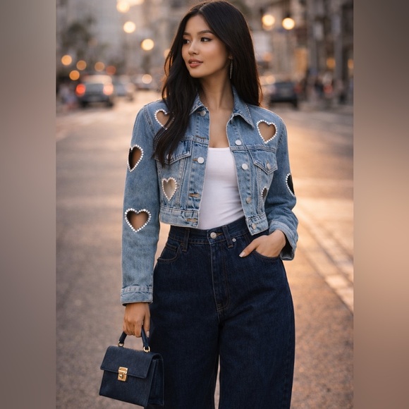 Alice + Olivia Jackets & Blazers - Alice + Olivia Blue Heart Cut-Out Embellished Jeff Denim Jacket NWOT
